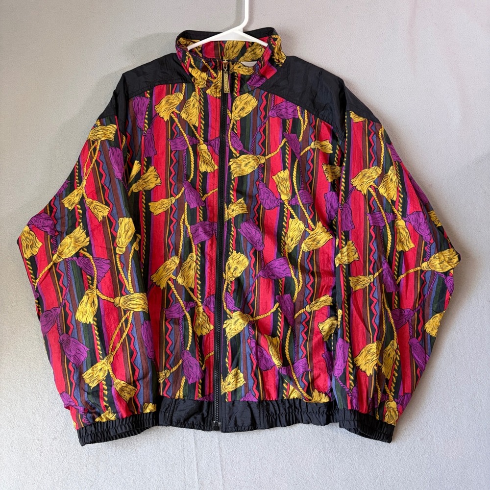 Adolfo Sport Vintage 90s Windbreaker Jacket Mens Large Tassel Print Multi-Color
